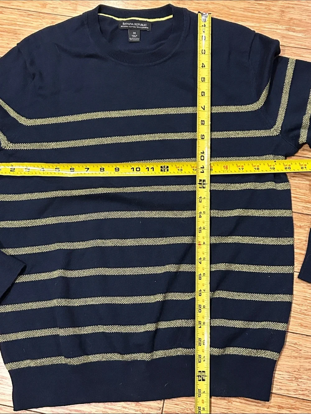 Banana Republic Navy Crewneck Pima, Cotton Cashmere Sweater w/Gold Stripes M